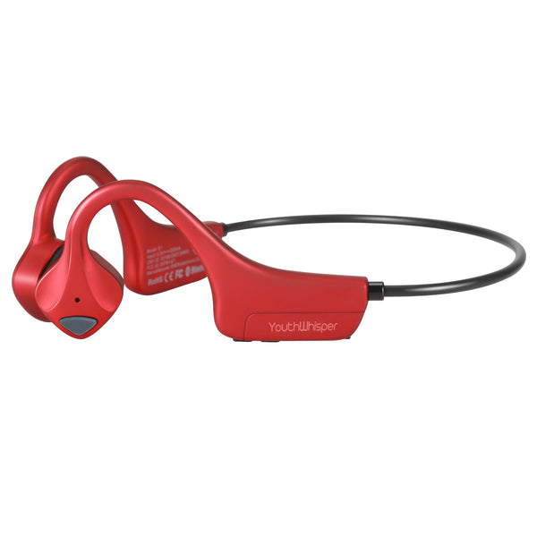 YouthWhisper Bluetooth Bone Conduction Headphones with Mic, Titanium Lightweight, Open-Ear Wireless Sweatproof for Running Hiking(Red)-Lite